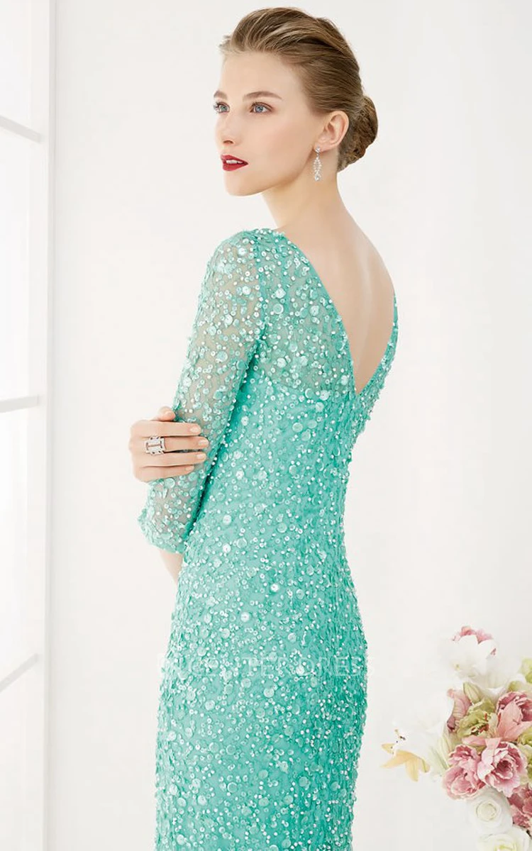 Sheath Scoop-Neck 3-4-Sleeve Maxi Sequins&Tulle Prom Dress