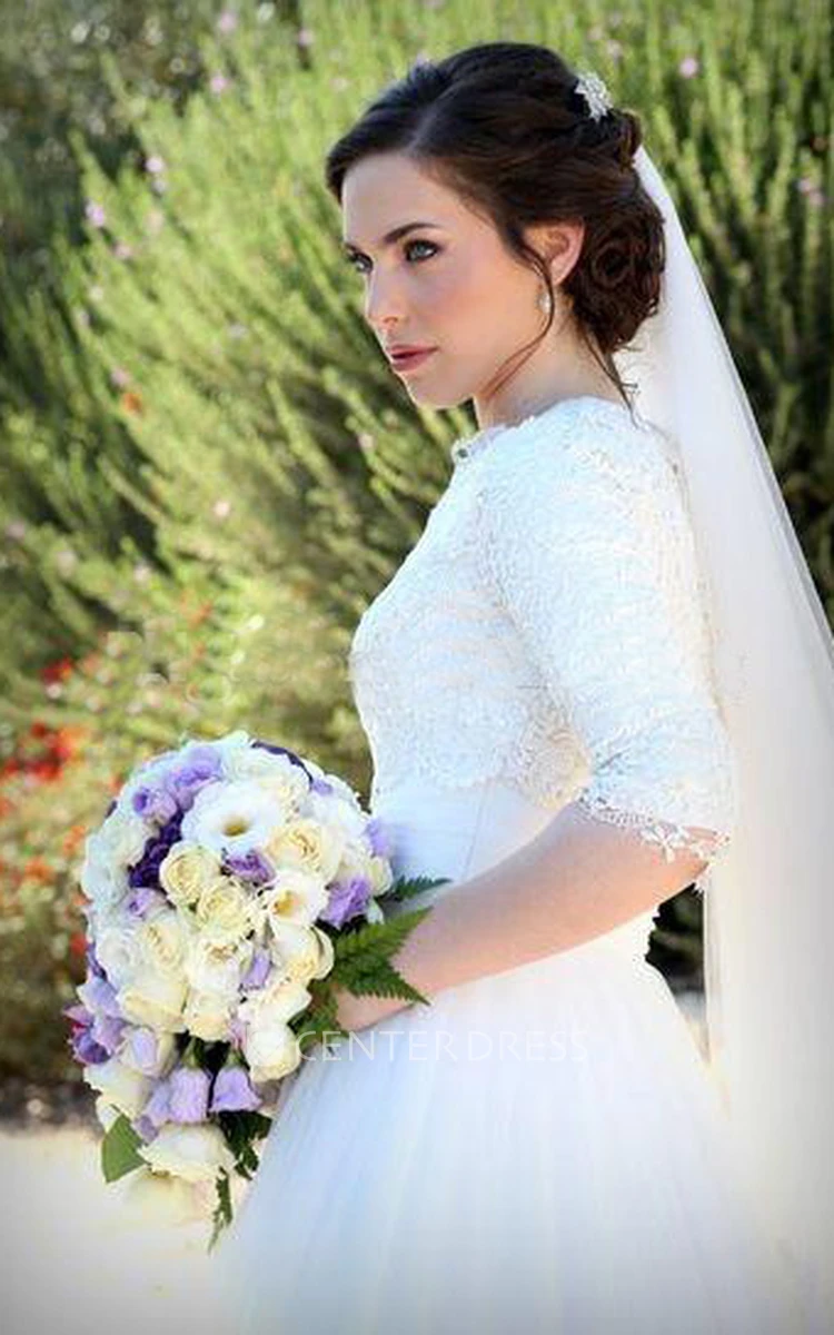 A Line High Neck Lace Tulle Zipper Wedding Dress