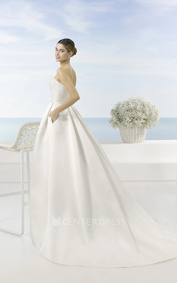 A-Line Beaded Long Sleeveless Strapless Satin Wedding Dress With Chapel Train And Low-V Back