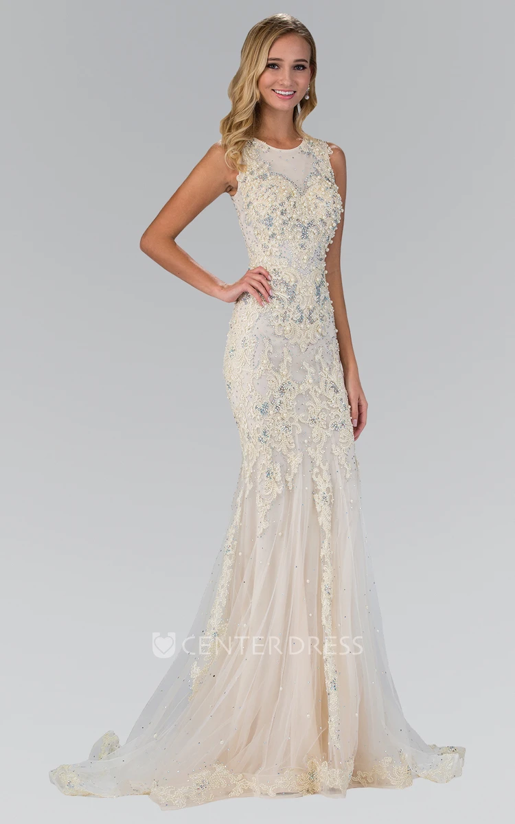 Sheath Long Jewel-Neck Sleeveless Tulle Dress With Beading And Appliques