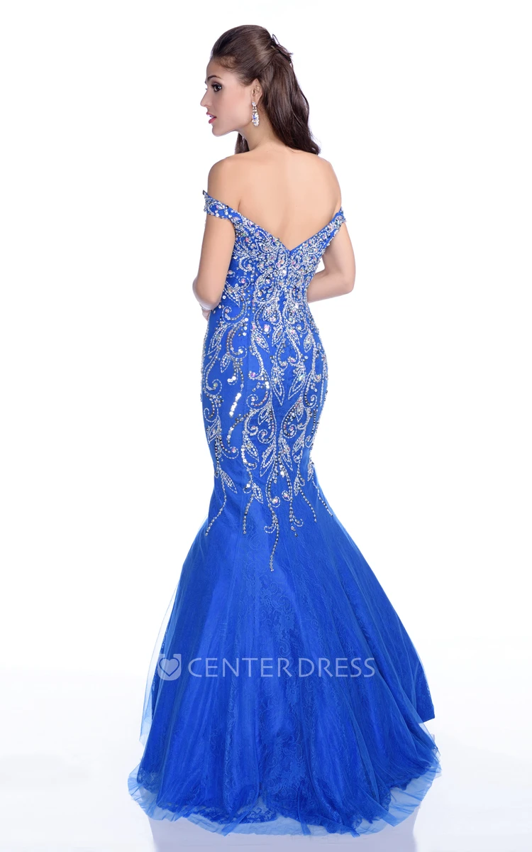 Mermaid Tulle Off-The-Shoulder V-Neck Sequined Prom Dress Featuring Low-V Back