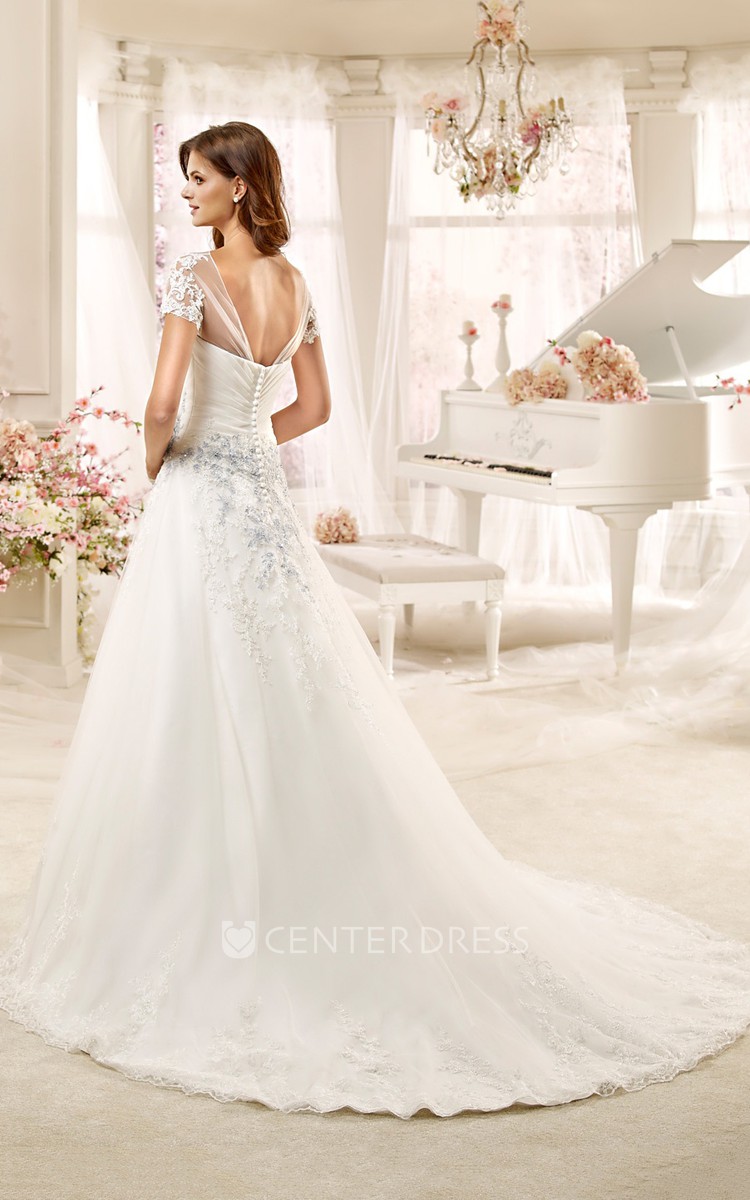 Jewel neck Beaded Illusion A line Wedding Dress with Flowers and Pleated Bodice