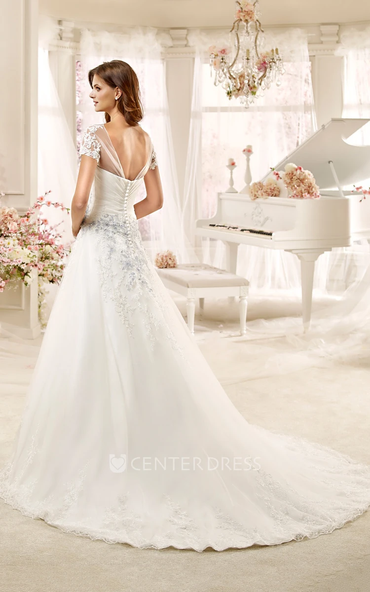 Jewel-neck Beaded Illusion A-line Wedding Dress with Flowers and Pleated Bodice