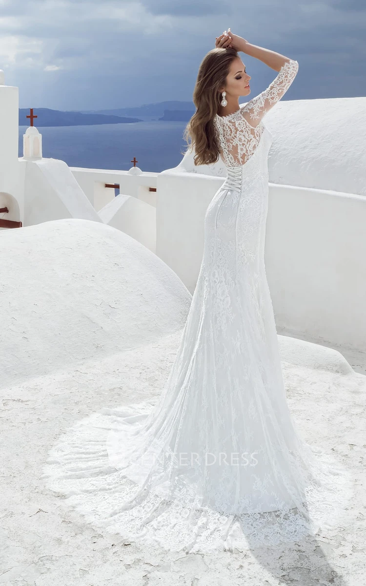 Bateau Neck 3-4 Length Sleeve Sheath Lace Wedding Dress With Beading