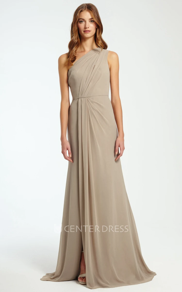 A-Line Floor-Length One-Shoulder Split-Front Sleeveless Chiffon Bridesmaid Dress With Ruching