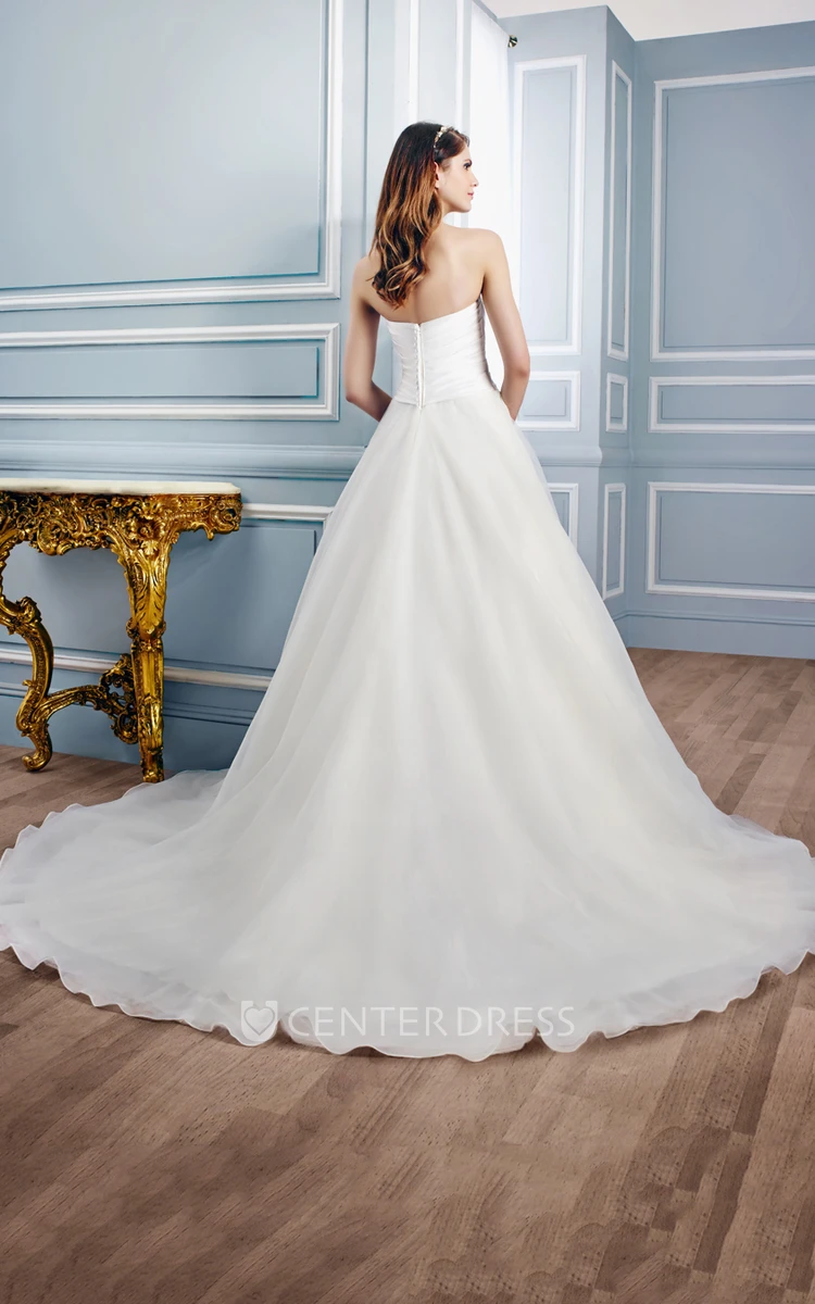 Long Strapless Ruched Chiffon Wedding Dress With Court Train