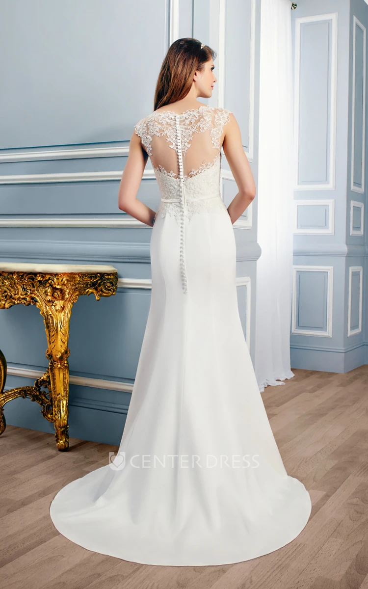 Sheath Floor-Length Appliqued Sleeveless V-Neck Satin Wedding Dress With Court Train And Illusion Back