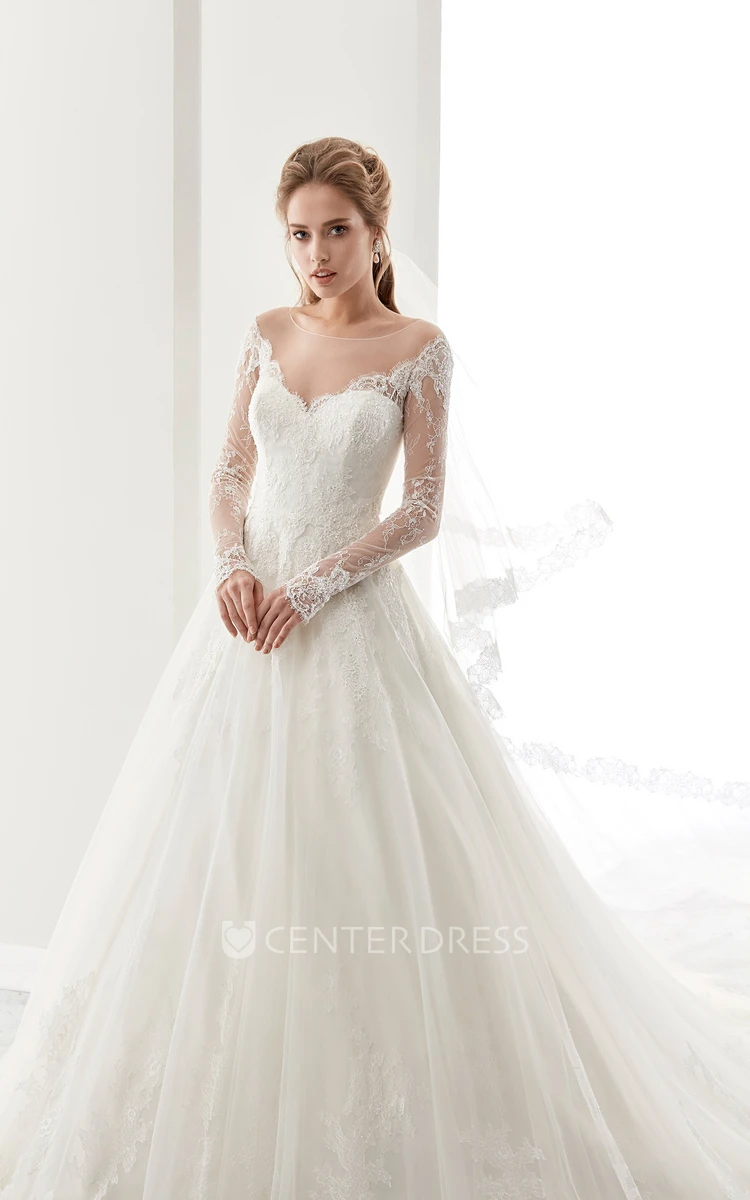 Long-Sleeve A-Line Bridal Gown With Brush Train And Illusive Design