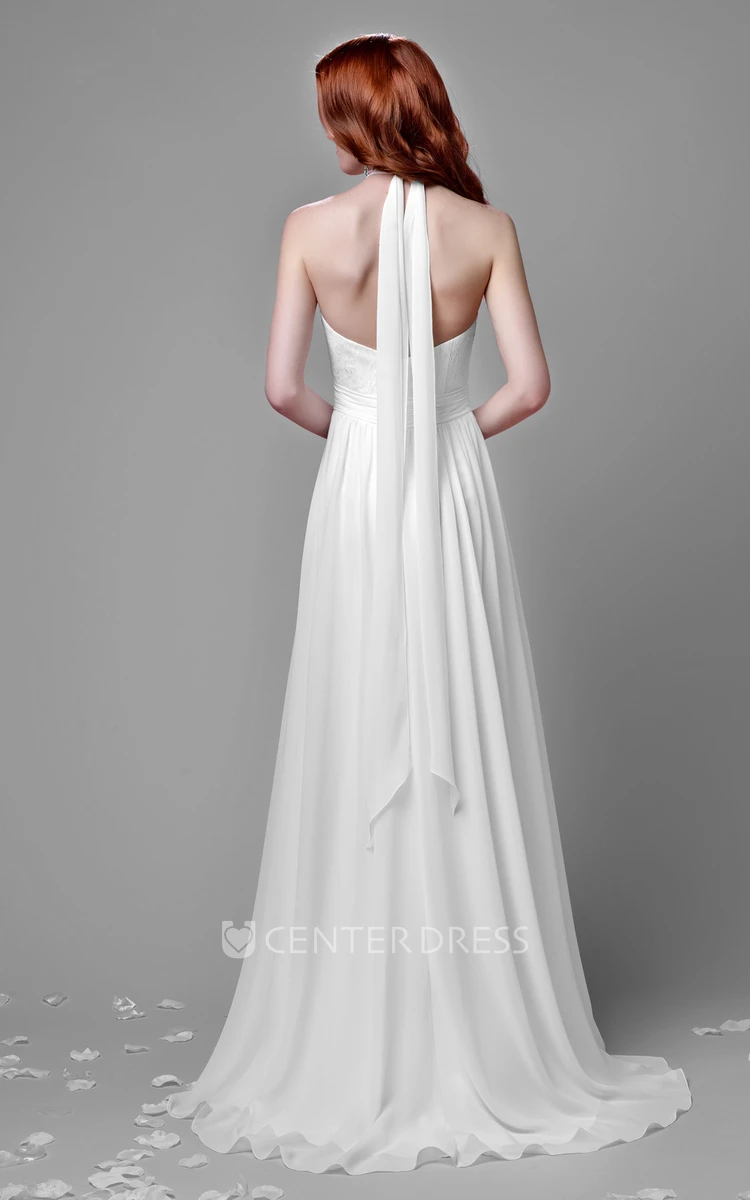 Pleated A-Line Chiffon Wedding Dress With Lace Bust And Cinched Waistband