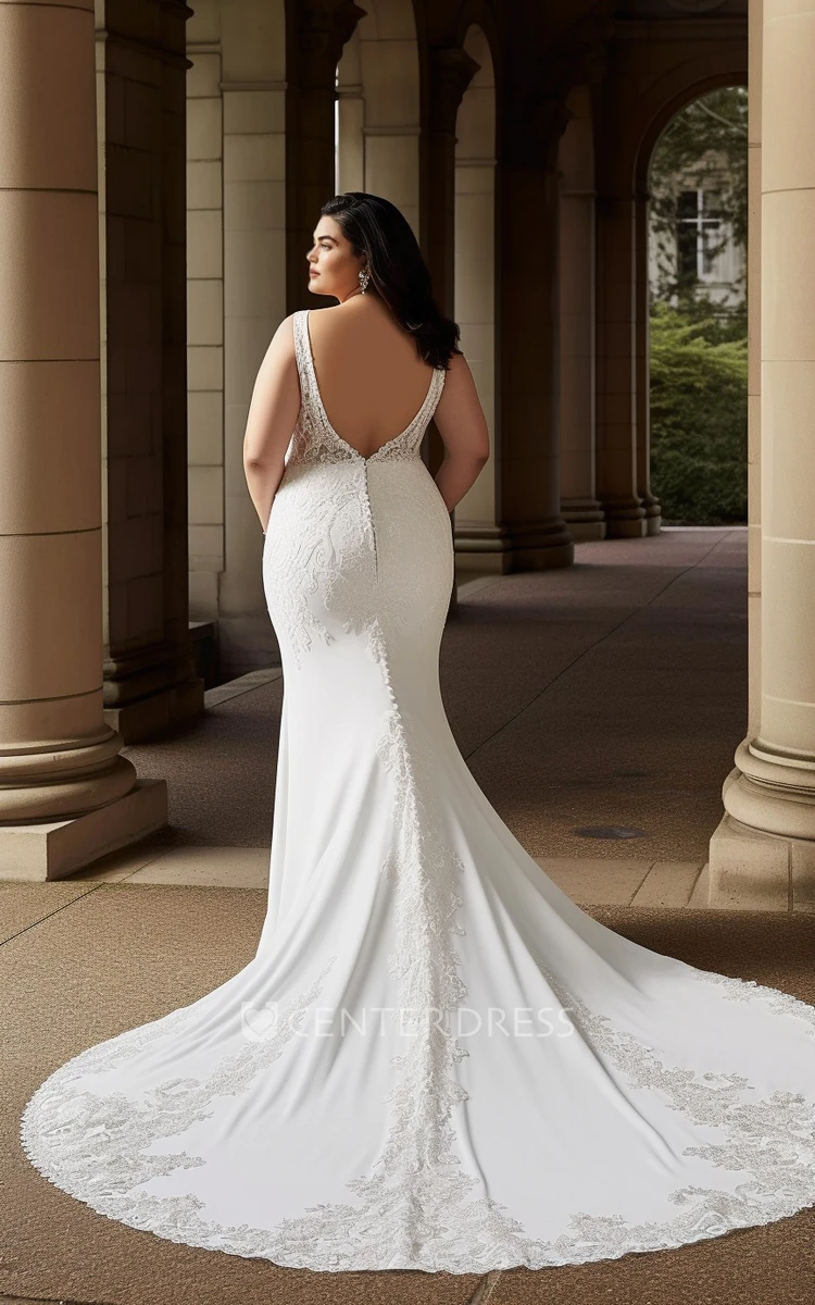 Plus Size Mermaid Wedding Dress Chiffon Lace V-neck Court Train Elegant 2024