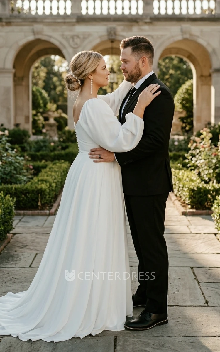 Modest Romantic A-Line Plus Size Spring Wedding Dress with Long Sleeve Simple Casual Charming Low Cut Square Neck Chiffon Train Bridal Gown