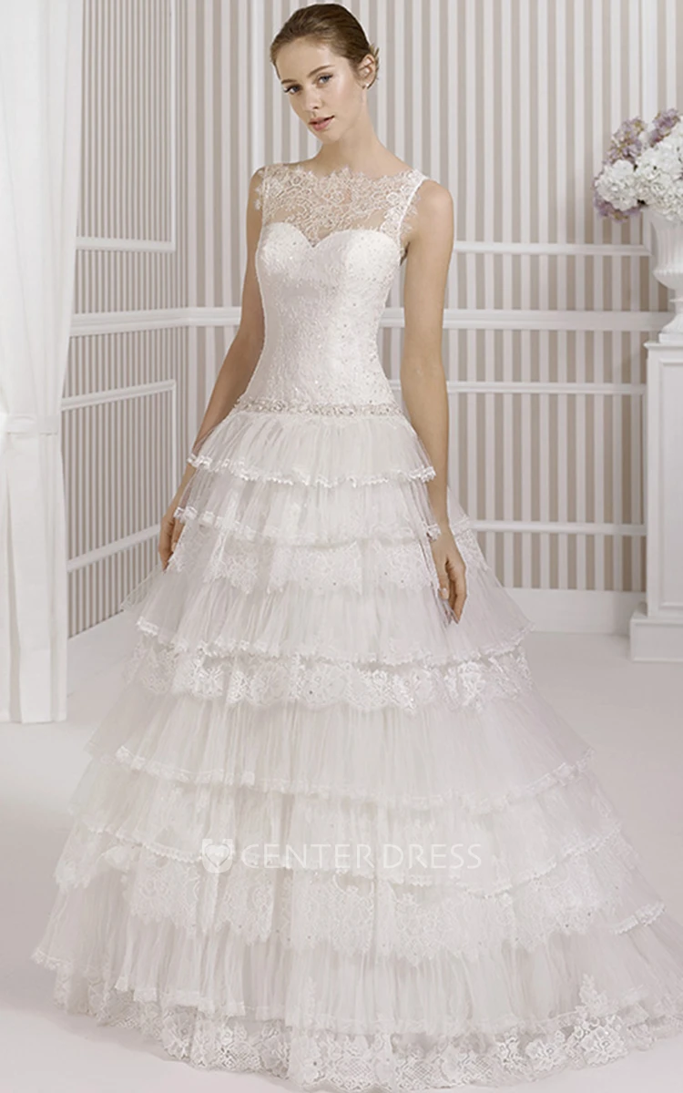 A-Line Tiered Floor-Length Bateau Sleeveless Tulle&Lace Wedding Dress With Waist Jewellery And Illusion Back