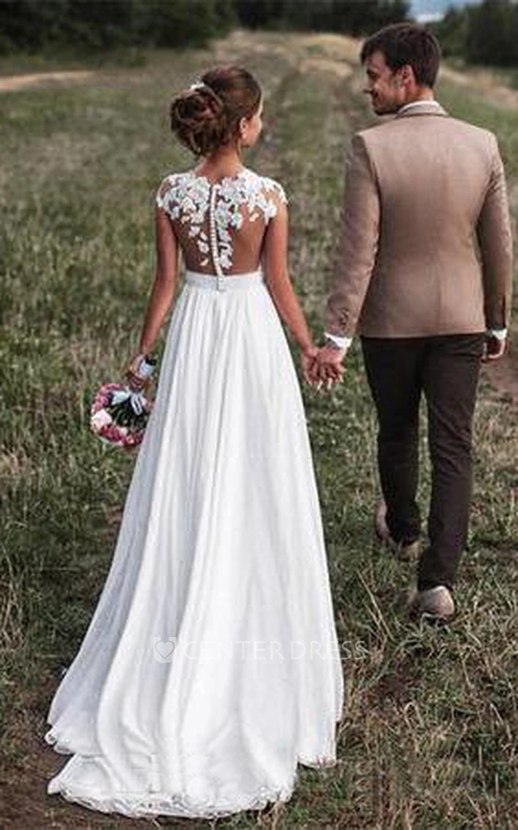 A Line Jewel Chiffon Lace Button Zipper Wedding Gown