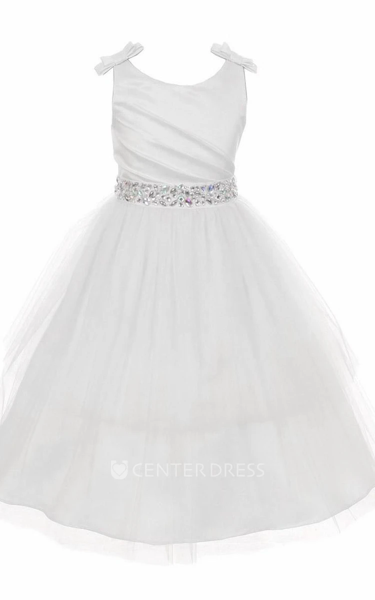 Jewel Mini Pleated Tiered Tulle&Satin Flower Girl Dress With Ribbon