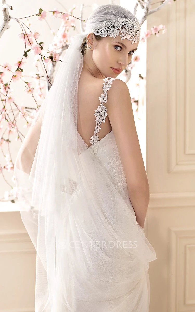 Sheath Strapped Appliqued Sleeveless Floor-Length Tulle Wedding Dress