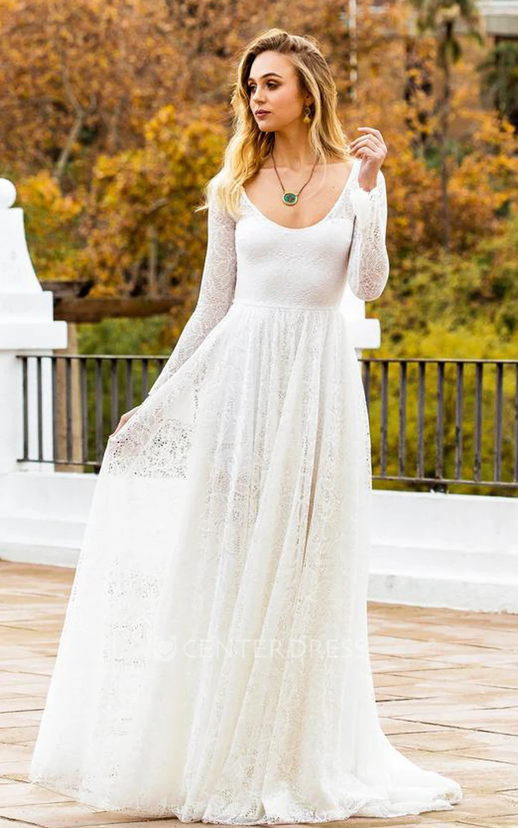 Boho A Line Scoop Neck Lace Floor-length Long Sleeve Wedding Dress with Keyhole Back