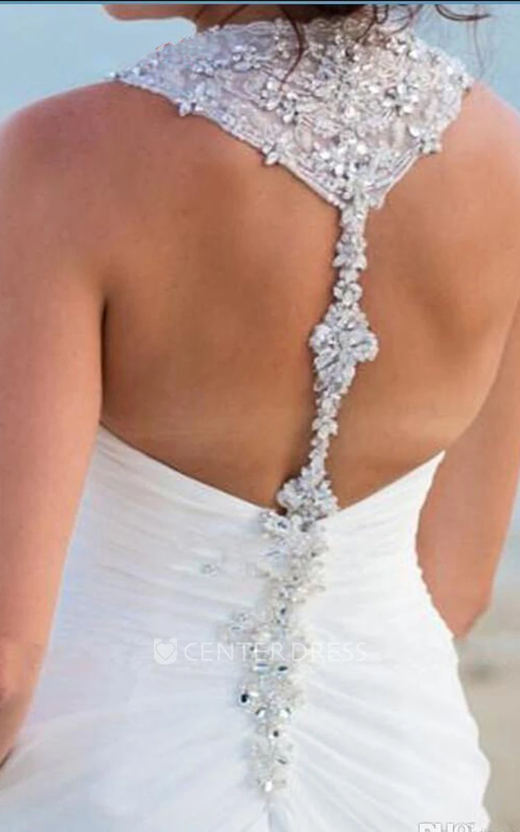 Sheath V-neck Chiffon Open Back Straps Wedding Gown