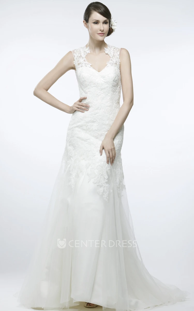 A-Line V-Neck Floor-Length Sleeveless Appliqued Lace Wedding Dress With Keyhole Back And Sweep Train