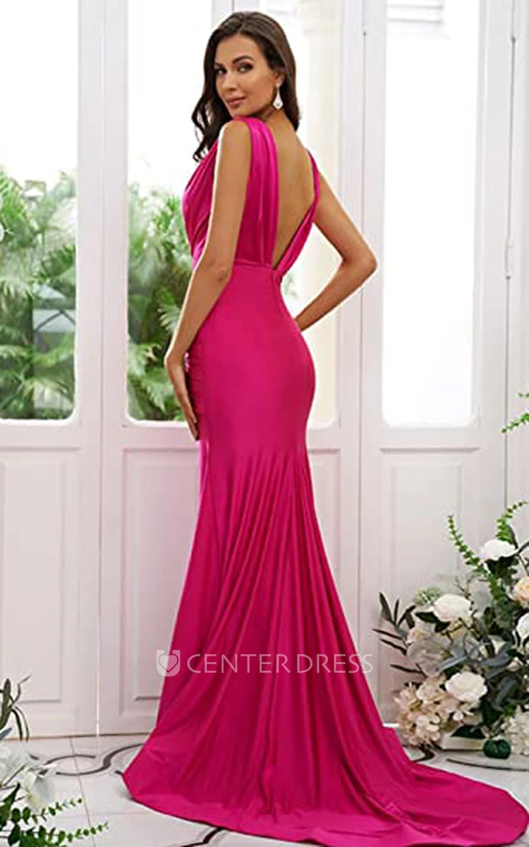 Sexy Sleeveless Mermaid Satin Garden Prom Dress with Deep-V Back Women's Simple
