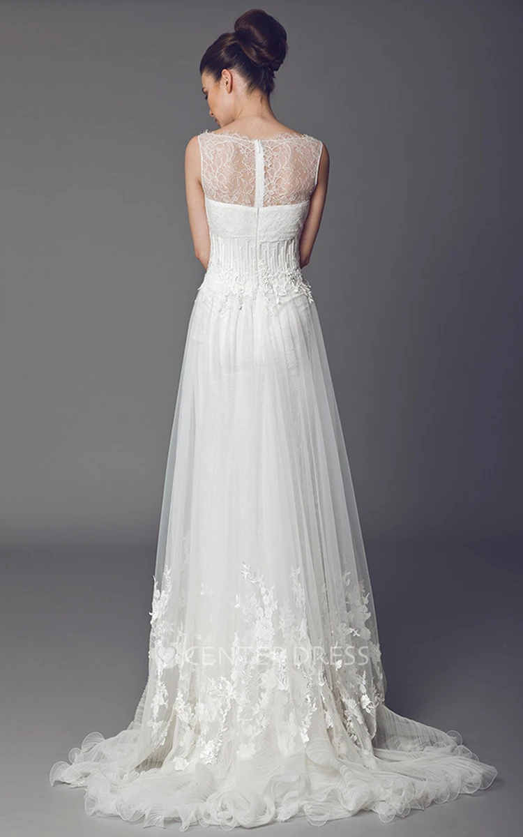 A-Line Sleeveless Appliqued Bateau Floor-Length Tulle Wedding Dress With Lace And Ruffles