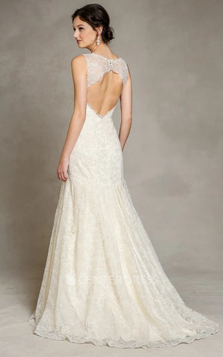 Appliqued Sleeveless Floor-Length V-Neck Lace Wedding Dress
