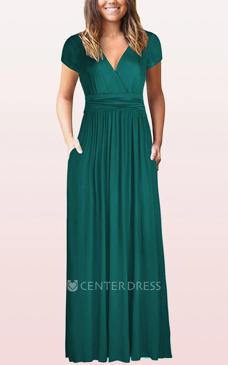 Elegant A Line Jersey V-neck Guest Mother Dress With Pockets