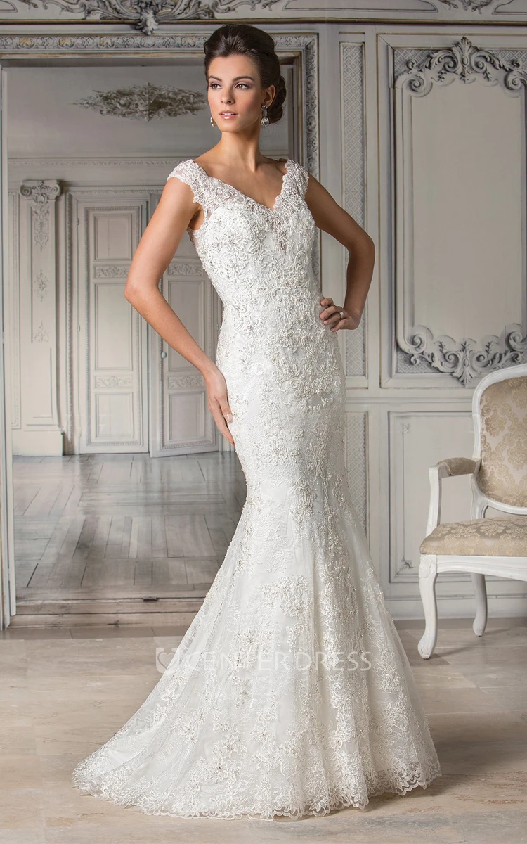 Cap-Sleeved V-Neck Mermaid Gown With Allover Appliques