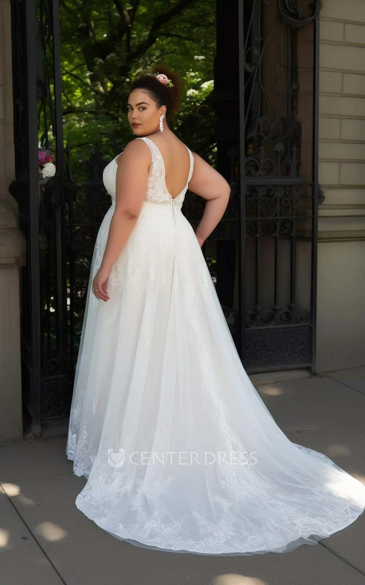 A-Line Plus Size Chiffon Lace Wedding Dress Sleeveless Sweep Train Bohemian Sexy