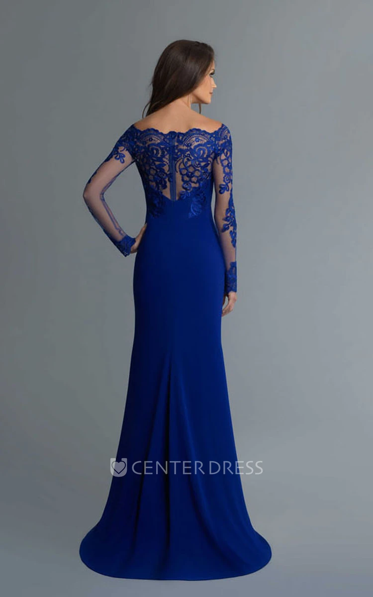 Sheath Maxi Off-The-Shoulder Long Sleeve Jersey Illusion Dress With Lace And Split Front