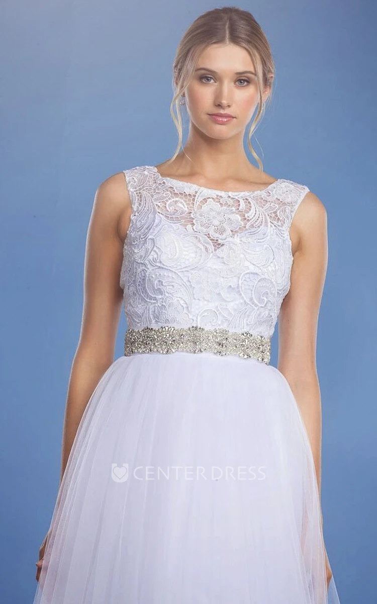 A-Line Bateau Sleeveless Floor-Length Tulle&Lace Wedding Dress With Keyhole Back