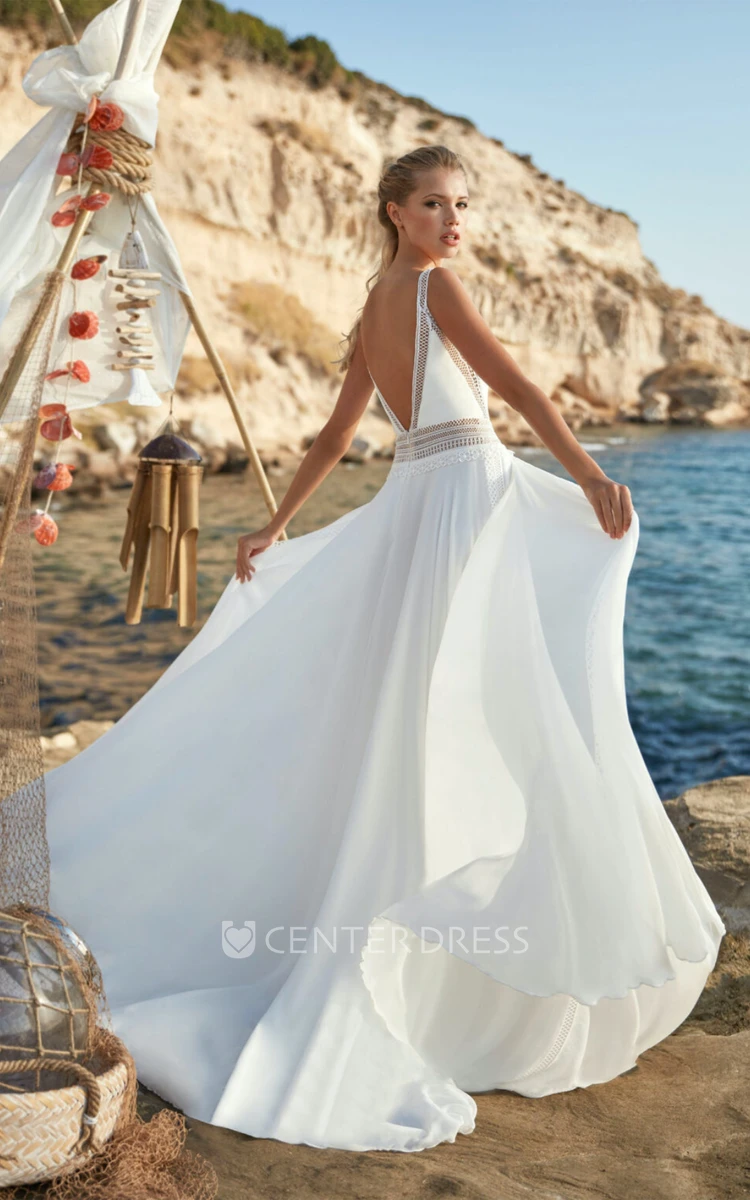 Chiffon Lace A-Line Wedding Dress with Open Back and Floral Accents