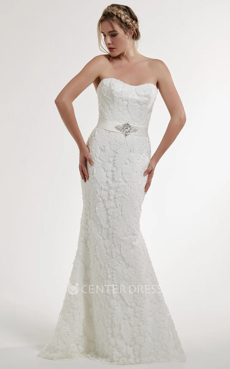 Strapless Jeweled Lace Wedding Dress With Low-V Back