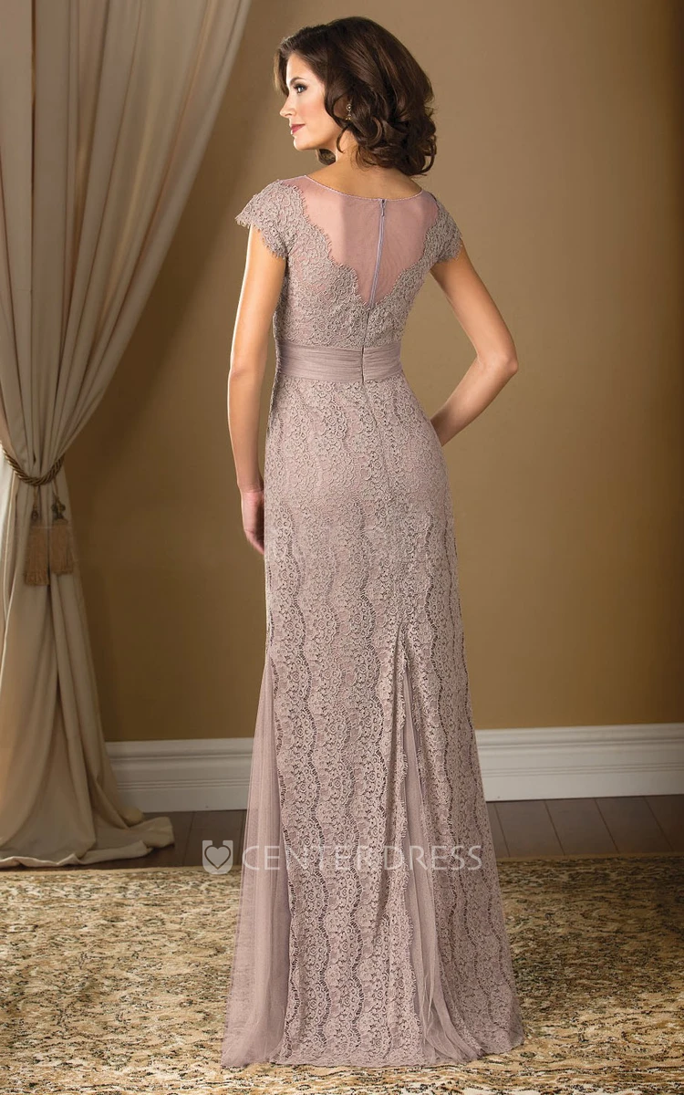 Cap-Sleeved Long Lace Mother Of The Bride MOB Dress With Illusion Back