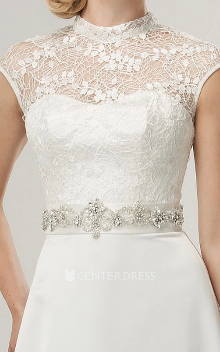 A-Line Jeweled High-Neck Cap-Sleeve Floor-Length Satin&Lace Wedding Dress With Bow