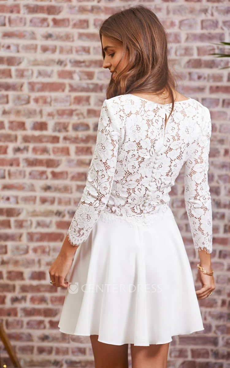 Two Piece Jewel neck Satin Lace Short Length Long Sleeve Wedding Dress