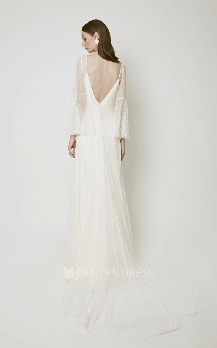 Stylish Sheath Tulle Wedding Dress With Bell Sleeve