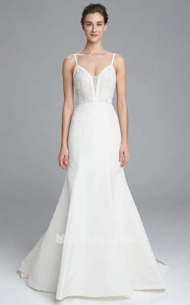 A-Line Sleeveless Lace Spaghetti Long Satin Wedding Dress