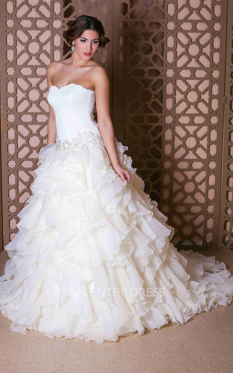 Ball Gown Strapless Jeweled Organza Wedding Dress With Cascading Ruffles And Lace
