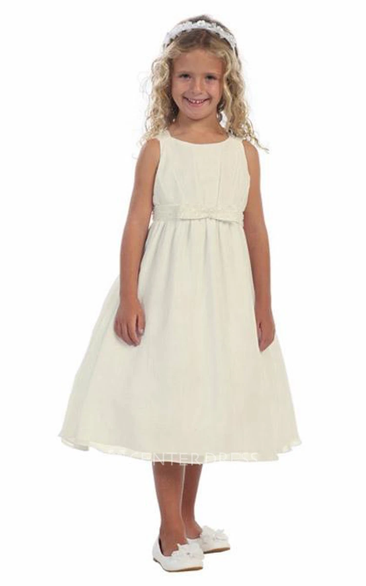 Tea-Length Straps Bowed Tiered Chiffon Flower Girl Dress With Ribbon