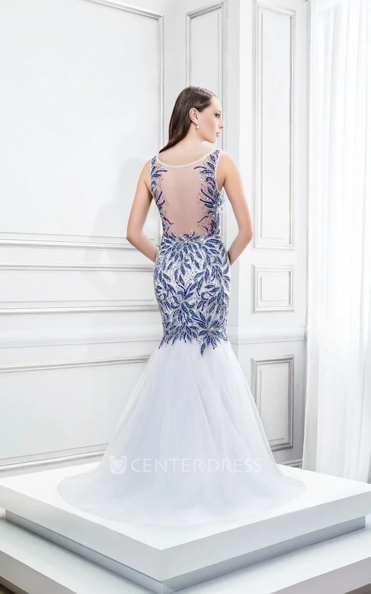 Mermaid Beaded Scoop Neck Sleeveless Tulle Prom Dress With Illusion Back