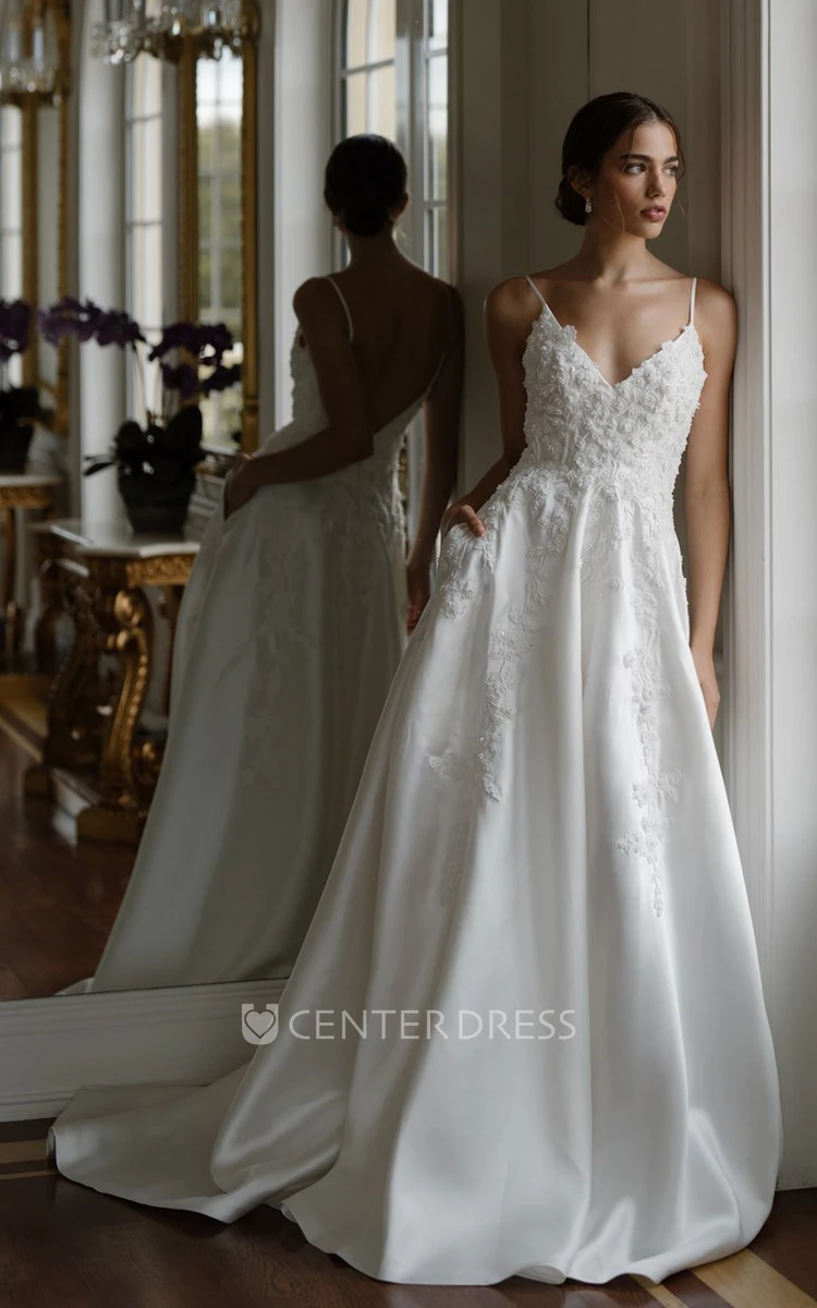Spaghetti A-Line Ethereal Beach Satin Wedding Dress With Open Back And Beading