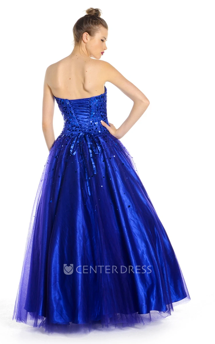 A-Line Sleeveless Long Sequined Strapless Tulle Prom Dress With Corset Back And Bow