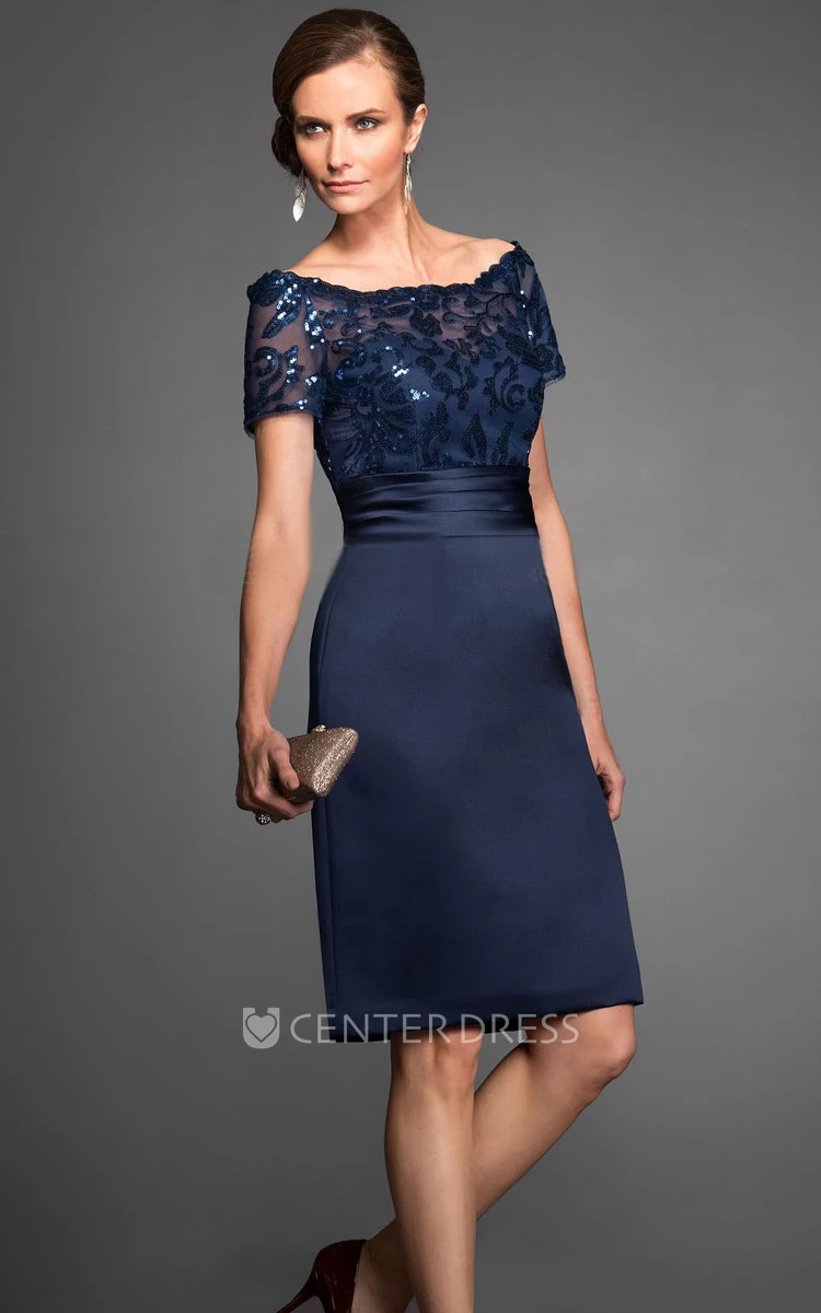 Short-Sleeved Knee-Length Mother Of The Bride Dress With Sequins And Illusion Style