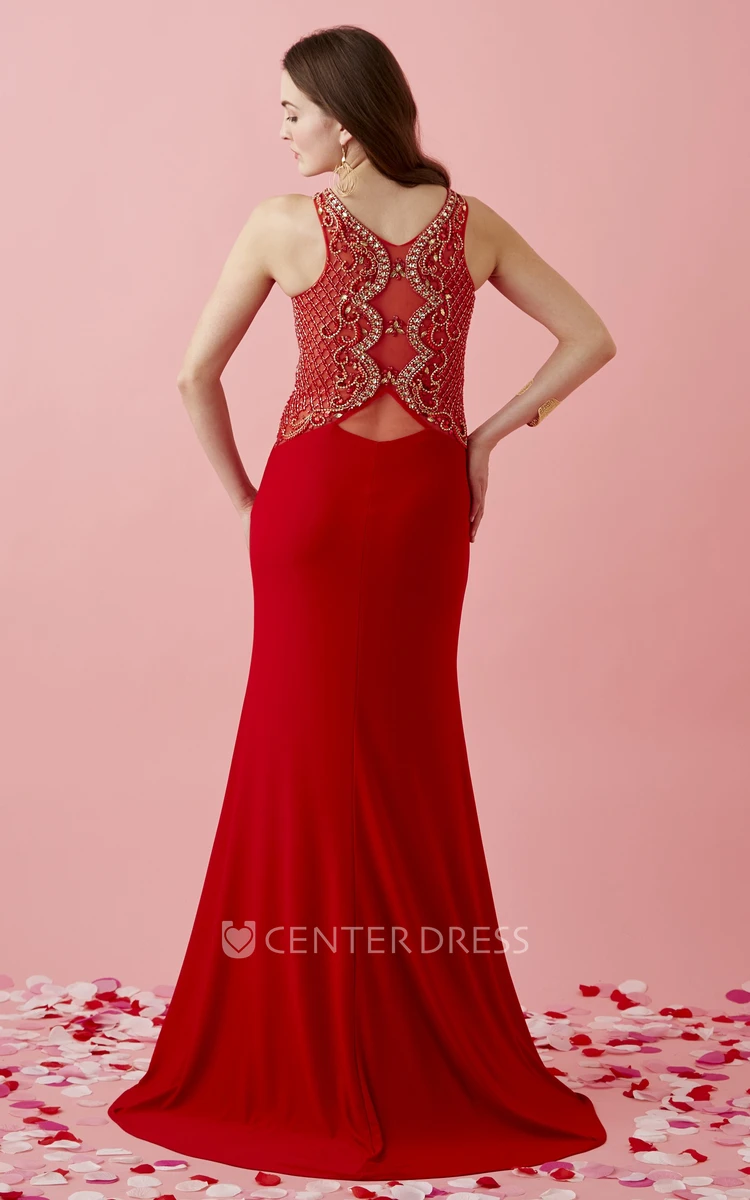 Sheath Scoop-Neck Sleeveless Jersey Illusion Dress With Split Front And Appliques