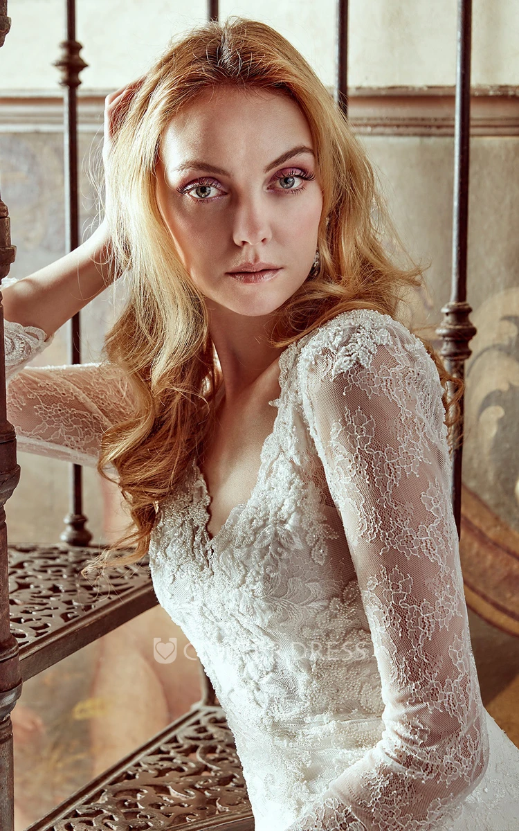 Long-Sleeve Lace Wedding Dress With Low-V Neck and Illusive Back