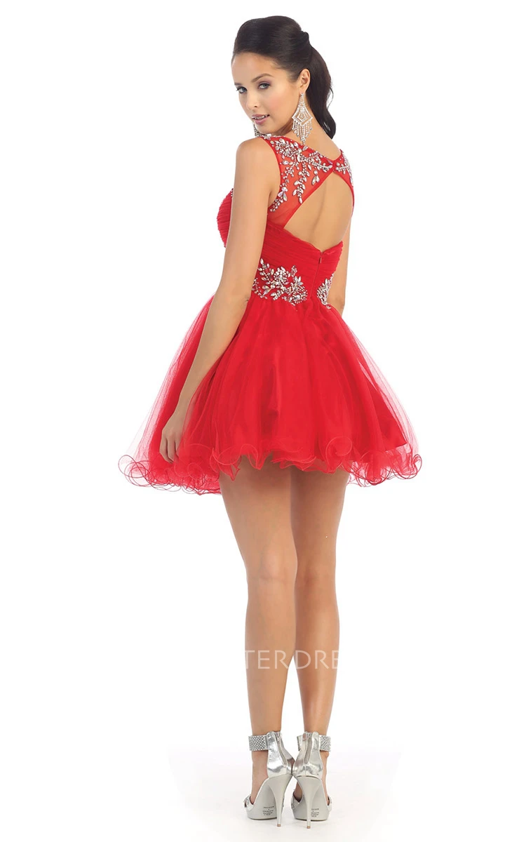 A-Line Short Square-Neck Sleeveless Tulle Keyhole Dress With Ruffles And Beading