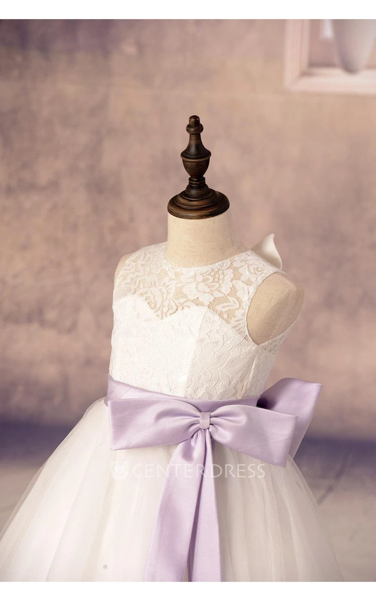 Charming A-line Tulle Flower Girl Dress With Lace Top and Satin Sash