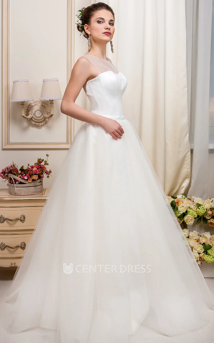 A-Line Scoop-Neck Floor-Length Tulle&Satin Wedding Dress