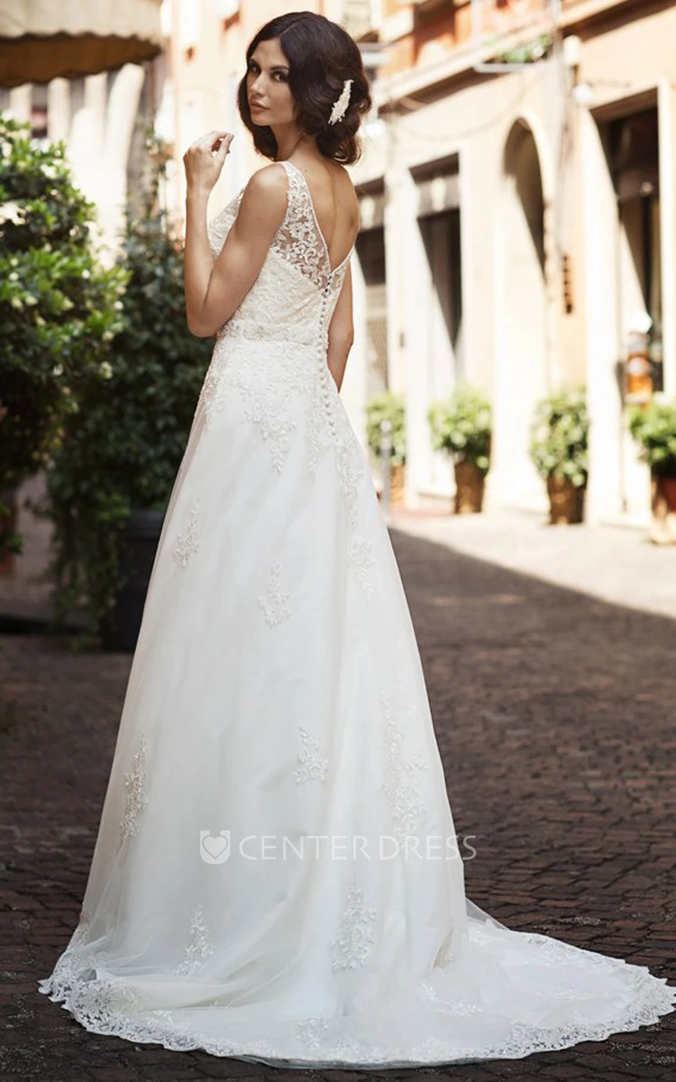 A-Line Scoop-Neck Appliqued Sleeveless Floor-Length Satin&Lace Wedding Dress With Beading
