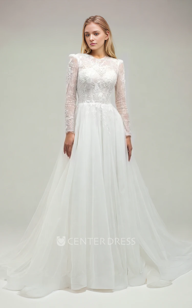 Elegant Ethereal A-Line Jewel Neck Lace Flowers Wedding Dress Modest Vintage Long Sleeve Floor-length Bridal Gown with Sequins